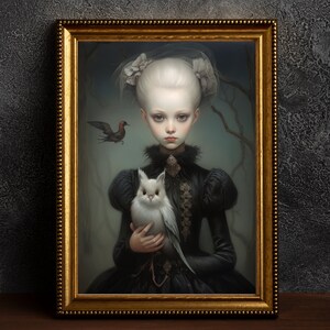 Ragazza con un gufo, Barocco, Vittoriano, Gotico, Stampa di poster d'arte, Decorazione per la casa, Arte oscura, Decorazione da parete, Stile vintage, Arte gotica, Arte da parete