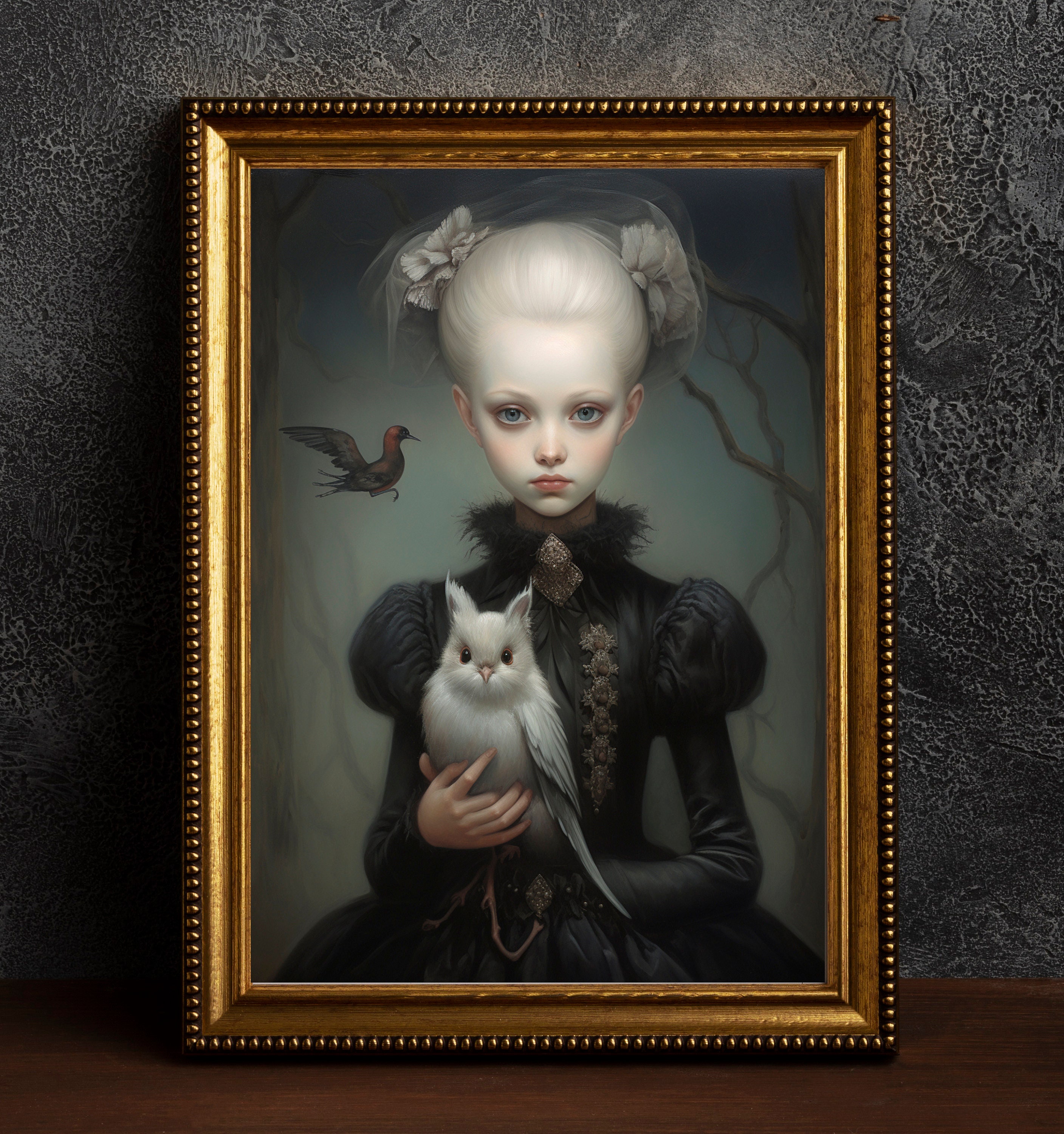Girl with an owl, Baroque, Victorian, Goth, Art Poster Print, Home Decor, Dark Art ,Wall Decor, Vint
