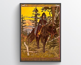 Black Horseman – Slavic folk, llustration, wall decor, folklore, Ivan Bilibin, print, poster, horse, warrior, knight, anqique, medival