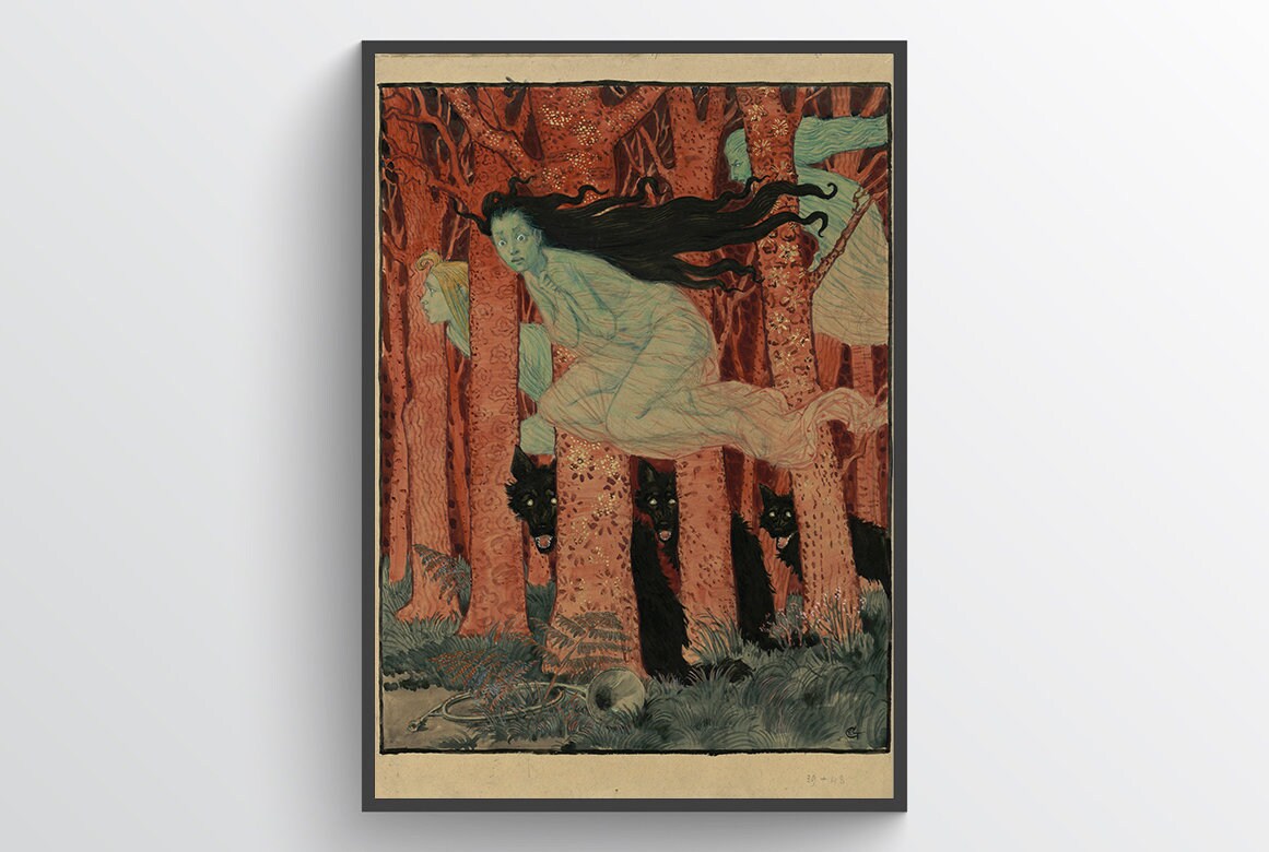 Three forest witches - Eugene Grasset, witchcraft, ghost, witchy decor, magic trees, scary print, poster, vintage poster, dark art, antique