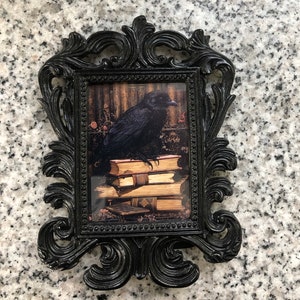 Raven in the library, baroque frame, dark adcademia, prints, black and gold finish, gothic, art, dark art, victorian, print, home decor