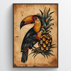 May include: A vintage-style illustration of a toucan with a yellow and orange beak, perched on a pineapple with green leaves. The toucan is black with red accents and the pineapple is yellow with brown accents. The background is a faded brown with a vintage texture.