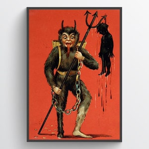 Op de afbeelding: Een vintage illustratie van een duivel met hoorns en een lange staart die een drietand vasthoudt met een silhouet van een persoon die eraan hangt. De duivel draagt een bontpak en heeft een lange tong die uitsteekt. De achtergrond is rood.