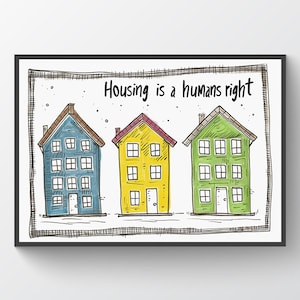 Buntes Wohnrecht Poster - Handgezeichnete Häuser Druck - Inspirierende Wandkunst - Wohnkultur - Blau, Gelb, Grün Illustration