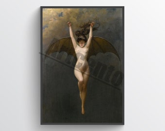 Bat Woman artwork by A.J. Penot, vampire lady , poster, witch, art print, vintage, wall decor, dark art, dark academia art , witch art