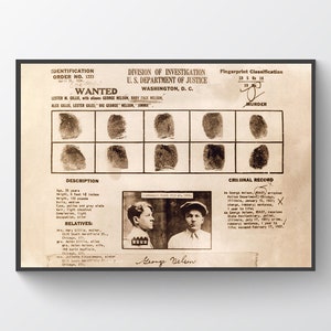 Baby Face Nelson, cartel de gángster, cartel vintage buscado con huellas dactilares - ladrón de bancos, gángster, impresión criminal, Lester Gillis, proscrito,