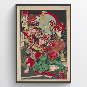 Japanese warrior Asahina Yoshihide fighting with demons, samurai, japan art, woodblock print, folklore , Japan, Ukiyo-e poster, home decor