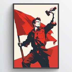 Wydruk artystyczny w stylu propagandowym - Osoba trzymająca czerwoną flagę i młotek - Plakat ruchu politycznego - Ilustracja czerwonego ubrania