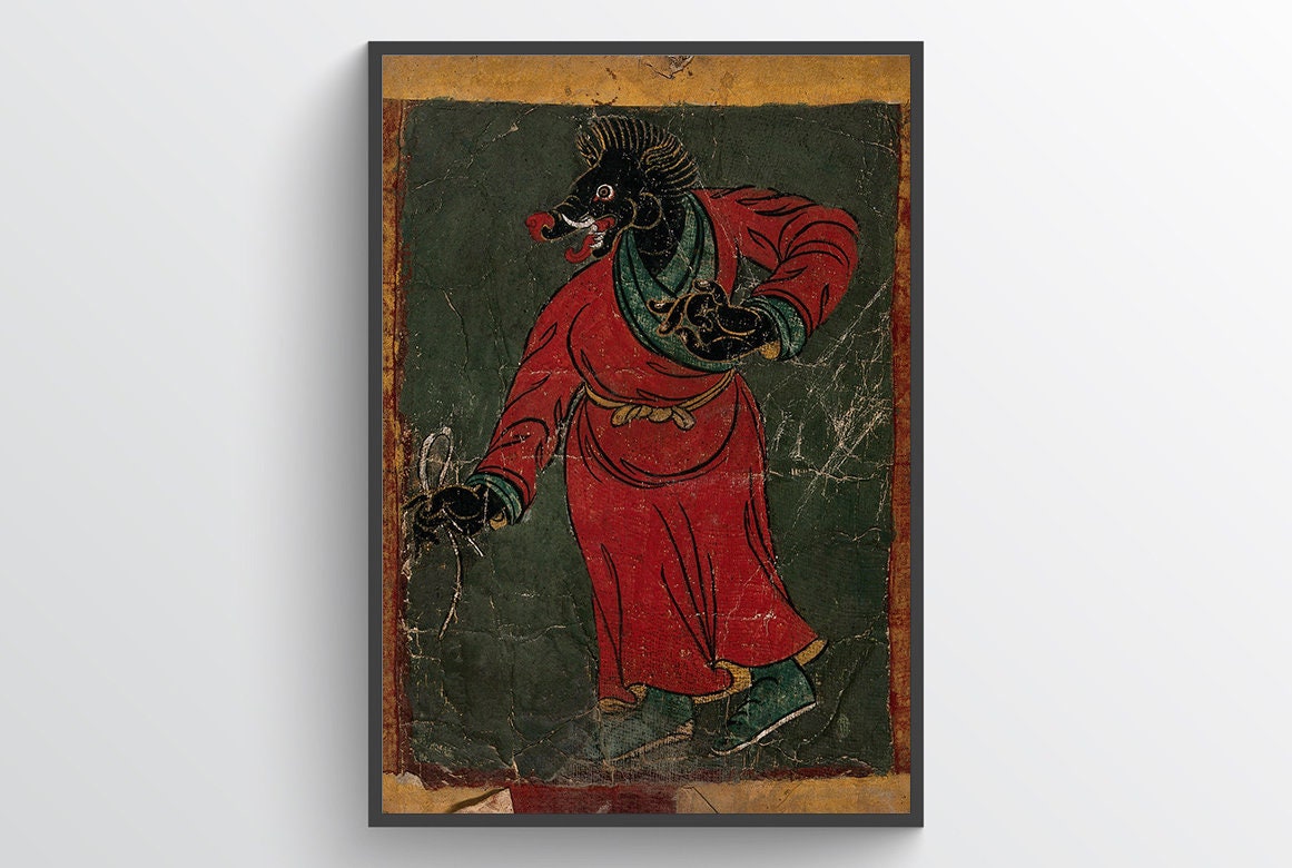 Tibetan Black Demon, Buddhism demonology art, evil spirit, animal style, Buddhist decor, vintage painting, print, poster, wall art, religion