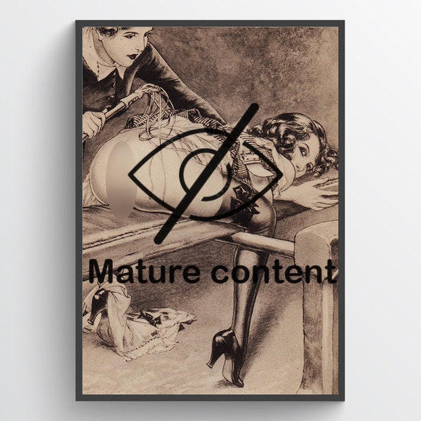 Bdsm, spanking illustration, French risque, erotic art, vintage print, mature poster, wall decor