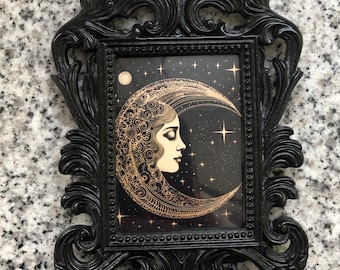 Face of the moon baroque frame, art print, black and gold finish, gothic, art, dark art, victorian, gothic art, home decor
