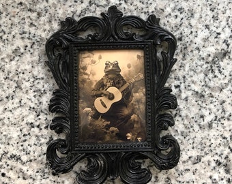 Frog with a guitar, baroque frame, prints, black and gold finish, gothic, art, dark art, vintage, home decor,
