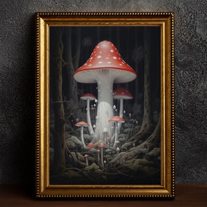 Mushroom in forest,  Nature, Vintage Poster, Art Poster Print, Home Decor, Dark Art, Wall Decor, Wall art