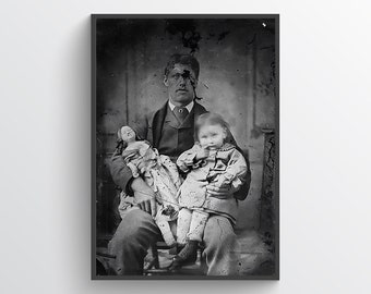 Vintage photo - A Man with a child and a doll - print, poster, dark art, creepy, weird, postmortem,