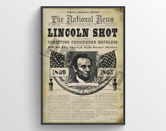 Abraham Lincoln shot newspaper, obituary, historical print, poster, civil war, vintage print, wall decor, history, art print