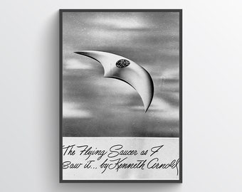 Relatório de avistamento de OVNI do piloto Kenneth Arnold - pôster vintage de OVNI, pôster de disco voador, ufologia, decoração de casa, mistério, decoração de parede, arte de pôster