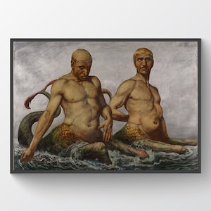 Mythical Mermen Art Print - Two Bald Mermen Figures with Fish Tails and Muscular Upper Bodies, Cloudy Sky and Waves - Mythology Poster