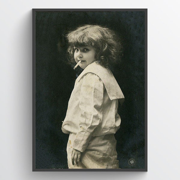 Petite fille fumant une cigarette, photo ancienne, enfant, enfant, rétro, humour, bizarre, curiosité, décoration d'intérieur, décoration murale, impression, affiche