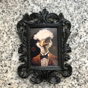 Elegant ostrich, baroque frame, portrait, black and gold finish, gothic, art, darkart, victorian, home decor, print