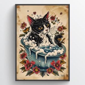 Stravagante stampa di gatto bianco e nero con vasca da bagno blu / adorabile poster da bagno con bolle con accenti floreali / decorazione murale colorata con gatti per la casa