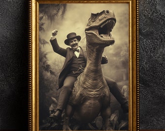Man Rides Dinosaur T-rex, 19th Century, Print, Poster, Art Poster