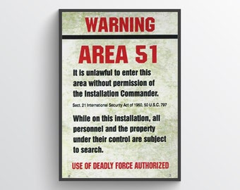 Sinal de alerta da Área 51, OVNI, militar, ufologia, impressão de conspiração, decoração de casa, decoração de parede, impressão de arte, pôster, pôster