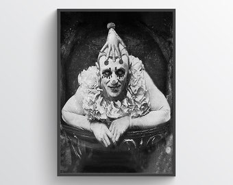 不気味なサーカスのピエロの写真：ヴィンテージの余興プリント