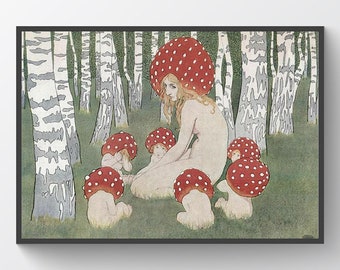 Mother mushroom with her children by Edward Okun, home decor, magic forest, Amanita, fairyland, print, poster, vintage art, illustration