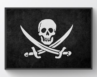 Pirate flag poster, Jolly Roger symbol, Captain Calico Jack Rackham black flag, Caribbean pirates, beach decor, print, skull flag