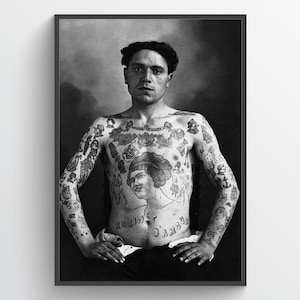 Tattooed prisoner, vintage photo, print, poster – retro tattoo, wall art, prison, gangster, outlaw, true crime,