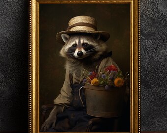 Raccon farmer, Animal Portrait, Vintage Poster, Poster, Print, Home Decor, Gothic, Dark Art, Wall Decor, Vintage,Gothic art, Dark Academia