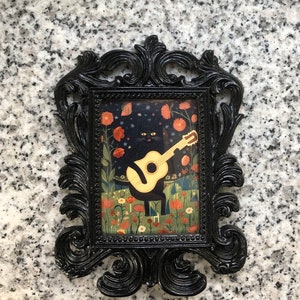 Cat with a guitar baroque frame, complete with prints, black and gold finish, gothic, art, darkart, victorian,gothic, gothic art