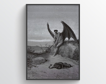 Illustration of Lucifer and the Serpent for the poem Paradise Lost, art by Gustave Dore, print, vintage print, poster, wall art