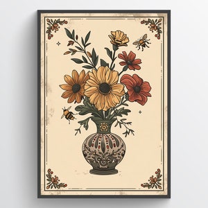 Póster con diseño de jarrón de ramo floral con abejas, Arte decorativo de pared con flores de colores y, Perfecto para decoración de salón o dormitorio
