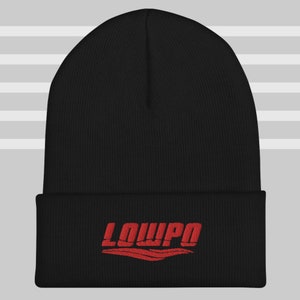 May include: Black beanie with a red embroidered logo that says "LOWPO" with a wave design.