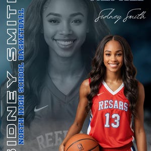May include: A promotional image of a young woman in a red basketball jersey with the number 13 and the word "RESARS". The image includes the text "SIDNEY SMITH NORTH HIGH SCHOOL BASKETBALL" and "JUNIOR POINT GUARD". She is holding a basketball.