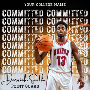 May include: A basketball player in a white and red jersey with the number 13 holds a basketball. The jersey reads "BBYBRS". The background features the word "COMMITTED" repeated and the text "Derrich Smith, Point Guard" at the bottom.