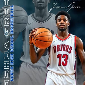 May include: A promotional image featuring a basketball player, Joshua Green, in a white and red jersey with the number 13. The text reads "Junior Point Guard" and "North High School Basketball."