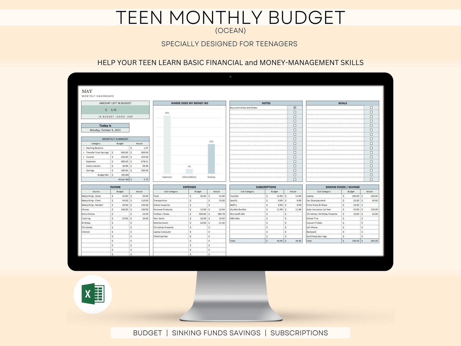 Teen Budget Spreadsheet, Teen Budget Planner, Teenager Financial