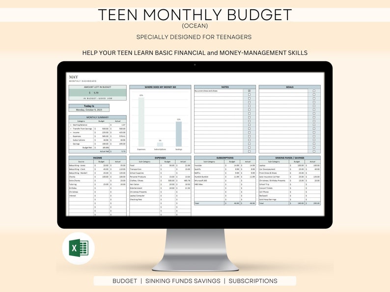 Teen Budget Spreadsheet, Teen Budget Planner, Teenager Financial Planner, Teen Budget Tool, Teen's First Budget, Teen Money Management image 1