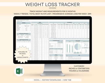 Weight Loss Tracker, Body Measurement Log, Weigh-in Chart, Weight Loss Log, Weight Loss Journal, Excel Weight Loss Spreadsheet, Health Log