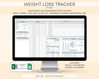 Weight Loss Tracker, Measurement Log, Weigh-in Chart, Weight Loss Log, Weight Loss Journal, Excel Google Weight Loss Spreadsheet, Health Log