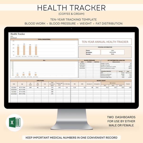 Medical Data Log, Health Tracker, Weight Tracker, Fat Distribution Table,  Medical Test Results Log, Blood Pressure Log, Lab Results Log