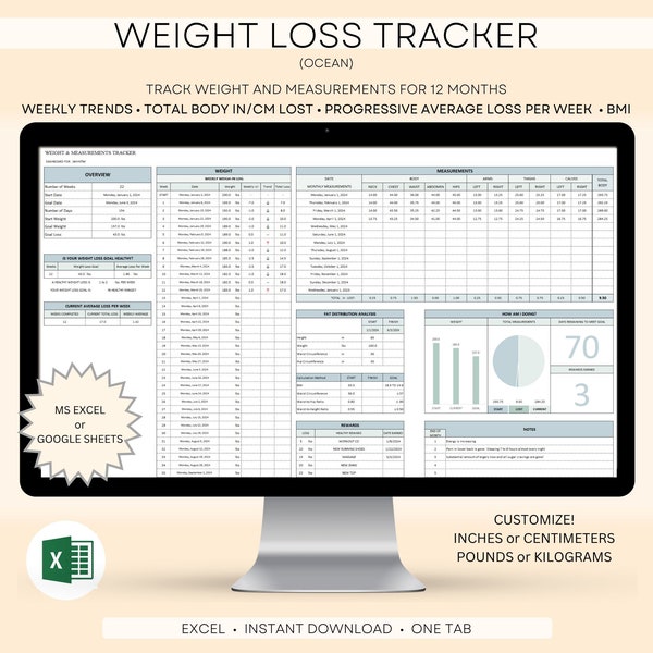 Weight Loss Tracker, Body Measurement Log, Weigh-in Chart, Weight Loss Log, Weight Loss Journal, Excel Weight Loss Spreadsheet, Health Log