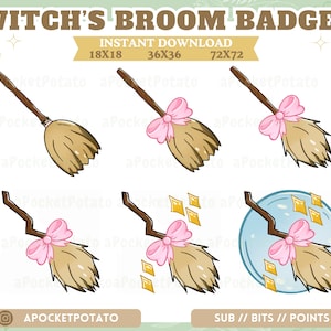 Witch&#39;s Broom Sub/Bit Badge Pink Bow - Twitch Sub Badge - Kawaii Magical Girl- Cute Badge - Halloween Badge - Fantasy