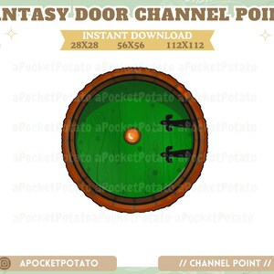 Könnte beinhalten: Digitale Illustration einer runden grünen Tür mit braunem Holzrahmen, schwarzen Scharnieren und einem runden orangefarbenen Türknauf. Der Text "FANTASY DOOR CHANNEL POINT" und "INSTANT DOWNLOAD" stehen oben. Größen: 28x28, 56x56 und 112x112.
