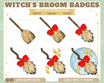 Hexenbesen Sub/Bit Badge rote Schleife - Twitch Sub Badge - Kawaii Magical Girl - Süßes Badge - Halloween Badge - Fantasy