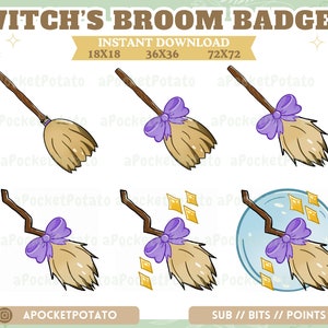 Witch's Broom Sub/Bit Badges Purple Bow - Twitch Sub Badge - Kawaii Magical Girl - Cute Badge - Halloween Badge - Fantasy