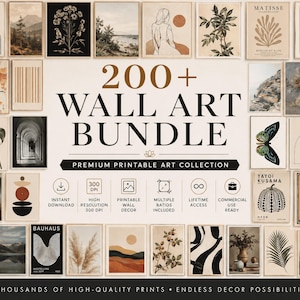 Puede incluir: Una colección digital de más de 200 impresiones de arte mural con diversas ilustraciones, fotografías y diseños abstractos. El texto central dice 200+ WALL ART BUNDLE PREMIUM PRINTABLE ART COLLECTION, junto a iconos de descarga y resolución.