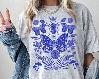 Block Print Style Shirt Linocut Shirt Moth Shirt Bohemian Hippie Tee Southern Folk Art Insect Shirt Cottagecore T Outdoor Shirt Nature Shirt